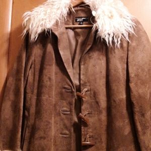 Genuine Suede Faux Fur Trim Midi Coat